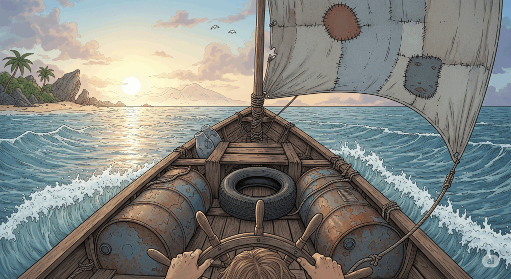 舳先を沖へ向けた船のイラスト画像