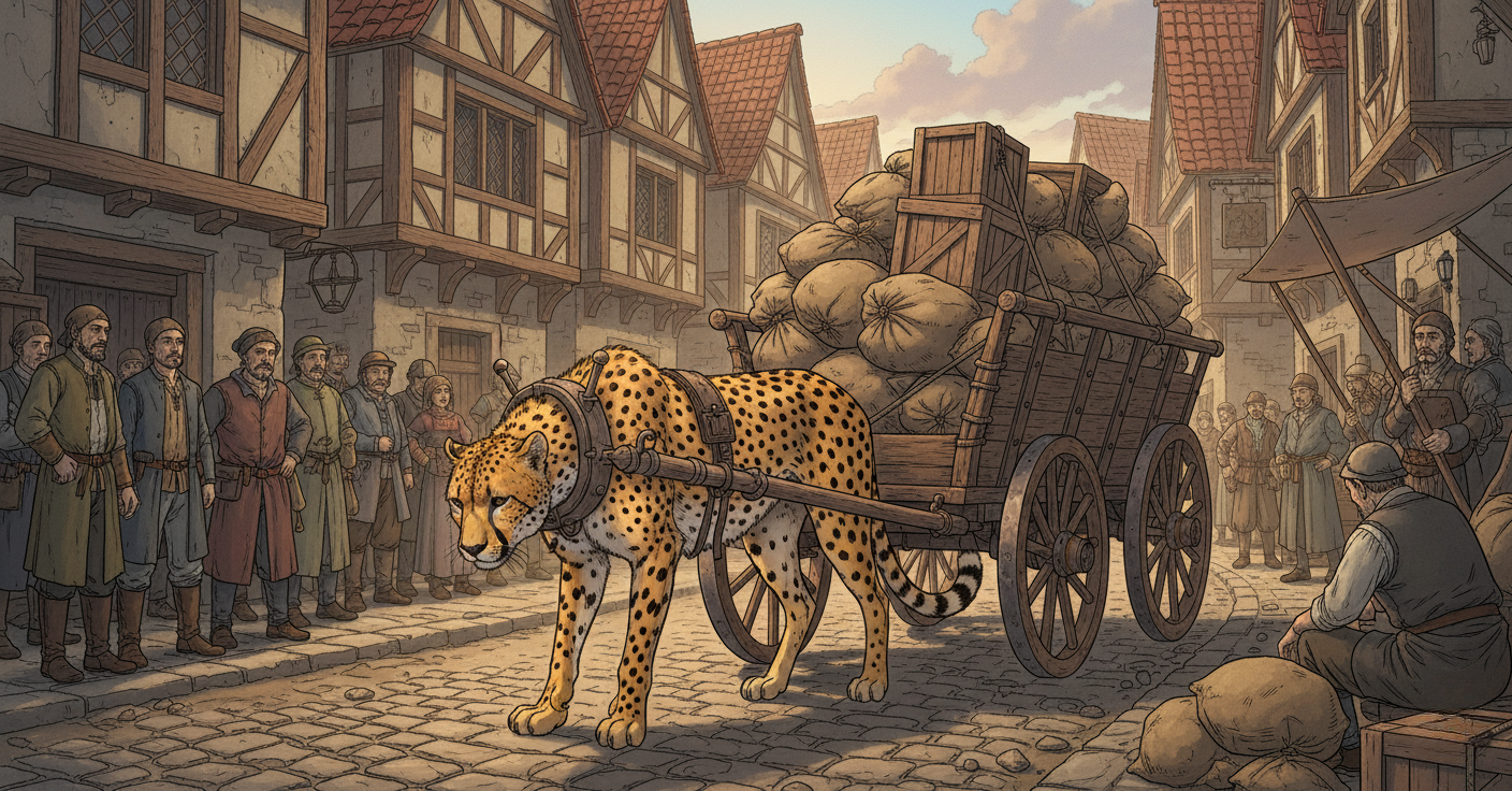 荷車を引くチーターのイラスト画像。能力が活かされない様子を表現。